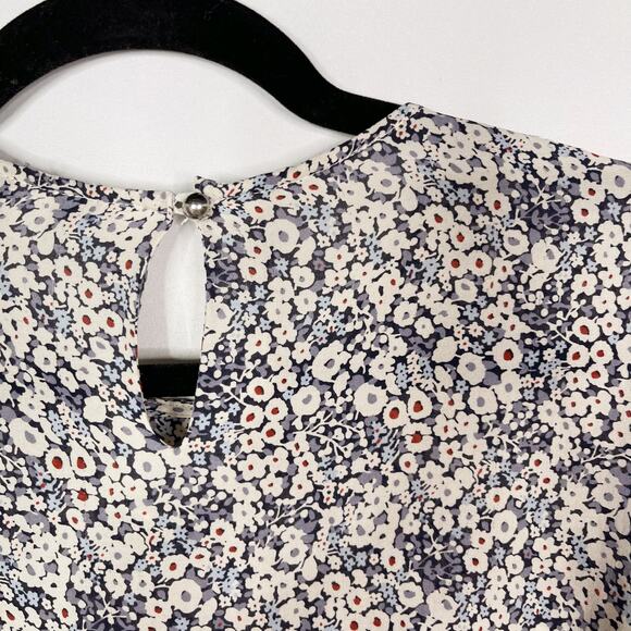 Derek Lam 10 Crosby Womens 4 Blue Ivory Floral Silk Windowpane Blouse Keyhole - Picture 7 of 12